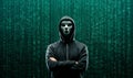 Wanted Hacker is Coding Virus Ransomware Using Abstract Binary Code. Cyberattack, System Breaking and Malware Concept. Royalty Free Stock Photo