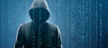 Wanted Hacker is Coding Virus Ransomware Using Abstract Binary Code. Cyberattack, System Breaking and Malware Concept. Royalty Free Stock Photo