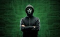 Wanted Hacker is Coding Virus Ransomware Using Abstract Binary Code. Cyberattack, System Breaking and Malware Concept. Royalty Free Stock Photo