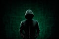 Wanted Hacker is Coding Virus Ransomware Using Abstract Binary Code. Cyberattack, System Breaking and Malware Concept. Royalty Free Stock Photo