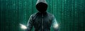 Wanted Hacker is Coding Virus Ransomware Using Abstract Binary Code. Cyberattack, System Breaking and Malware Concept. Royalty Free Stock Photo