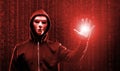Wanted Hacker is Coding Virus Ransomware Using Abstract Binary Code. Cyberattack, System Breaking and Malware Concept. Royalty Free Stock Photo