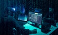 Wanted hackers coding virus ransomware using laptops and computers. Cyber attack, system breaking and malware concept. Royalty Free Stock Photo