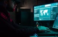 Wanted hackers coding virus ransomware using laptops and computers in the basement. Cyber attack, system breaking and Royalty Free Stock Photo
