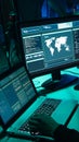 Wanted hackers coding virus ransomware using laptops and computers. Cyber attack, system breaking and malware concept.