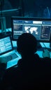 Wanted hackers coding virus ransomware using laptops and computers. Cyber attack, system breaking and malware concept.