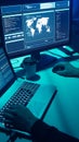 Wanted hackers coding virus ransomware using laptops and computers. Cyber attack, system breaking and malware concept. Royalty Free Stock Photo