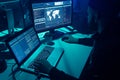 Wanted hackers coding virus ransomware using laptops and computers. Cyber attack, system breaking and malware concept.