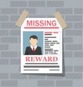 Wanted man paper poster. Missing announce