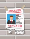 Wanted person paper poster. Missing announce