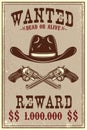 Wanted poster template. Cowboy hat and revolvers on grunge background. Design element for poster, card, banner, flyer. Royalty Free Stock Photo