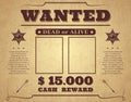 Wanted poster. Vintage western poster with empty place for crime photos, wild west criminal search banner with sheriff Royalty Free Stock Photo