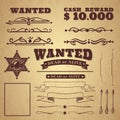 Wanted poster. Wild west vintage criminal search poster, borders and ribbons, frames and scroll elements in retro style