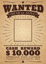 Wanted vintage western poster. Dead or alive crime outlaw. Wanted for reward vector retro banner Royalty Free Stock Photo