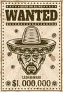 Wanted vintage western poster template, mexican man head with bristle in sombrero hat vector illustration for thematic Royalty Free Stock Photo