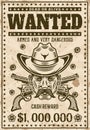 Wanted vintage western poster template, cowboy head with mustache in hat, crossed guns, bullet holes vector illustration Royalty Free Stock Photo