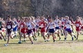 Many high school boys racing 5K at the start of the race