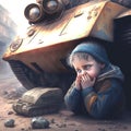 War, Boy crying, destroyed city, blown up tank, broken cars. AI generative illustration.