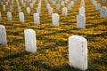 War cemetery with rows of white marble graves on green grass at sunset with ocean view. Marine veteran's cemetery