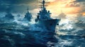 War concept, Battle scene at sea, Naval warships, Boats in an active combat zone, Battleships in the navy, Military at sea Royalty Free Stock Photo