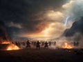 War Concept. fighting scene on war fog sky background, World War Soldiers Silhouettes Below Cloudy Skyline at sunset Royalty Free Stock Photo