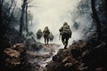 War Concept. Military silhouettes fighting scene on war fog sky background, A battalion of World War II American soldiers hiking Royalty Free Stock Photo