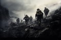 War Concept. Military silhouettes fighting scene on war fog sky background, A battalion of World War II American soldiers hiking Royalty Free Stock Photo