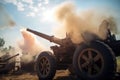 War Concept. Military silhouettes fighting scene on war fog sky background, World War Soldiers Silhouettes Below Cloudy Sky. Tanks