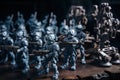 War Concept. Military silhouettes fighting scene. Toy soldiers background. Selective focus, Robot army formation with tactical