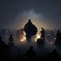 War Concept. Military silhouettes fighting scene on war fog sky background, World War Soldiers Silhouettes Bel Generative AI