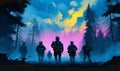 War Concept. Military silhouettes fighting scene on war fog sky background, World War Soldiers Silhouettes Below Cloudy