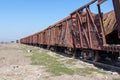 War crime. Train wagon destroyed by rocket fired by the Armenian arm in Agdam. Crash on railway Royalty Free Stock Photo