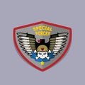 War emblem. Military logo. Skull wearing a helmet with a weapon