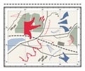 War map. Geography fighting defense plan with navigation arrow icons, reconnaissance attack pointers cartography