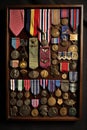 war medals and ribbons arranged in a shadow box Royalty Free Stock Photo