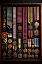 war medals and ribbons arranged in a shadow box Royalty Free Stock Photo