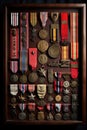 war medals and ribbons arranged in a shadow box Royalty Free Stock Photo