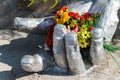 War memorial, hand with flowers. Monument of the Great Patriotic War 1941-1945 in the military town of Balabanovo-1