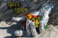 War memorial, hand with flowers. Monument of the Great Patriotic War 1941-1945 in the military town of Balabanovo-1