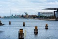 The war museum with the frigate HDMS Peder Skram in Copenhagen, Denmark. The Opera house is visible in the right of the Royalty Free Stock Photo