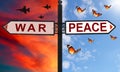 War or peace choice on a signpost with arrows in two opposite directions. Red dramatic sunset sky with flying jets against calm bl Royalty Free Stock Photo