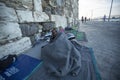 War refugee sleeping on the street. More than half are migrants from Syria, but there are refugees from other countries