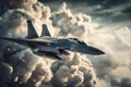 WAR SERIES, Fighter Jet Aerial Attack Under Machinegun Fire Above Large White Clouds, created with Generative AI technology Royalty Free Stock Photo