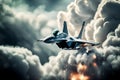 WAR SERIES, Fighter Jet Flying Away After Shooting Missiles at Target, created with Generative AI technology Royalty Free Stock Photo