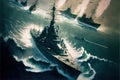 War ships campaign on the sea, military force, war over seas, Generative Ai