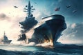 War ships campaign on the sea, military force, war over seas, Generative Ai