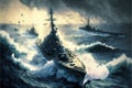 War ships campaign on the sea, military force, war over seas, Generative Ai