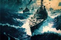 War ships campaign on the sea, military force, war over seas, Generative Ai