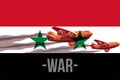 War in Syria, flag of Syria with the shadow of military aircraft, Syria in world war crisis concept