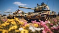 war tanks covered in flowers in gaza strip